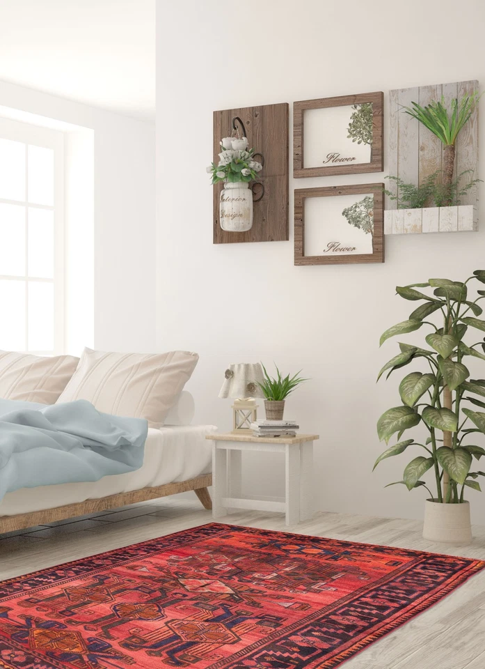 Alfombra de lana oriental anudada a mano vintage roja tradicional de 5'5" x 7'9" Foto 2 de 4