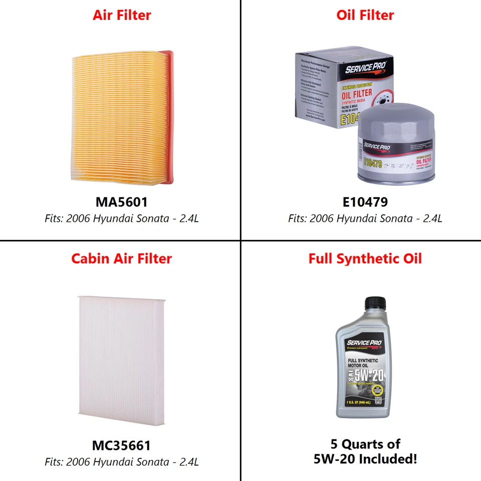 2006 Hyundai Sonata 2.4L Complete Oil, Air & Cabin Filter Kit (5W-20) Foto 2 de 4