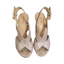 Michael KORS Berkley Gold Glitter Logo Zipper Sandal Strappy Heels SIZE 6M