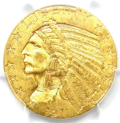 1911-S Indian Gold Half Eagle $5 Coin. Certified PCGS MS61 BU UNC - $2,500 Value