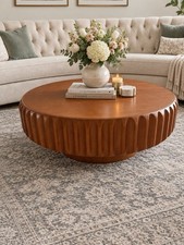 Round Wood Coffee Table, Brown Medium Wood Tone, Fluted Carved Base, Indoor