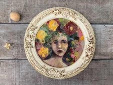 Framed Art Woman Portrait Original Art 8" diameter Round Artwork Face Painting