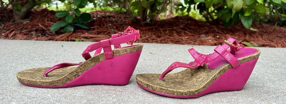 Sandalias de cuña vintage Lauren Ralph Lauren Reeta con tiras rosa corcho talla 6,5 Barbie Foto 2 de 4