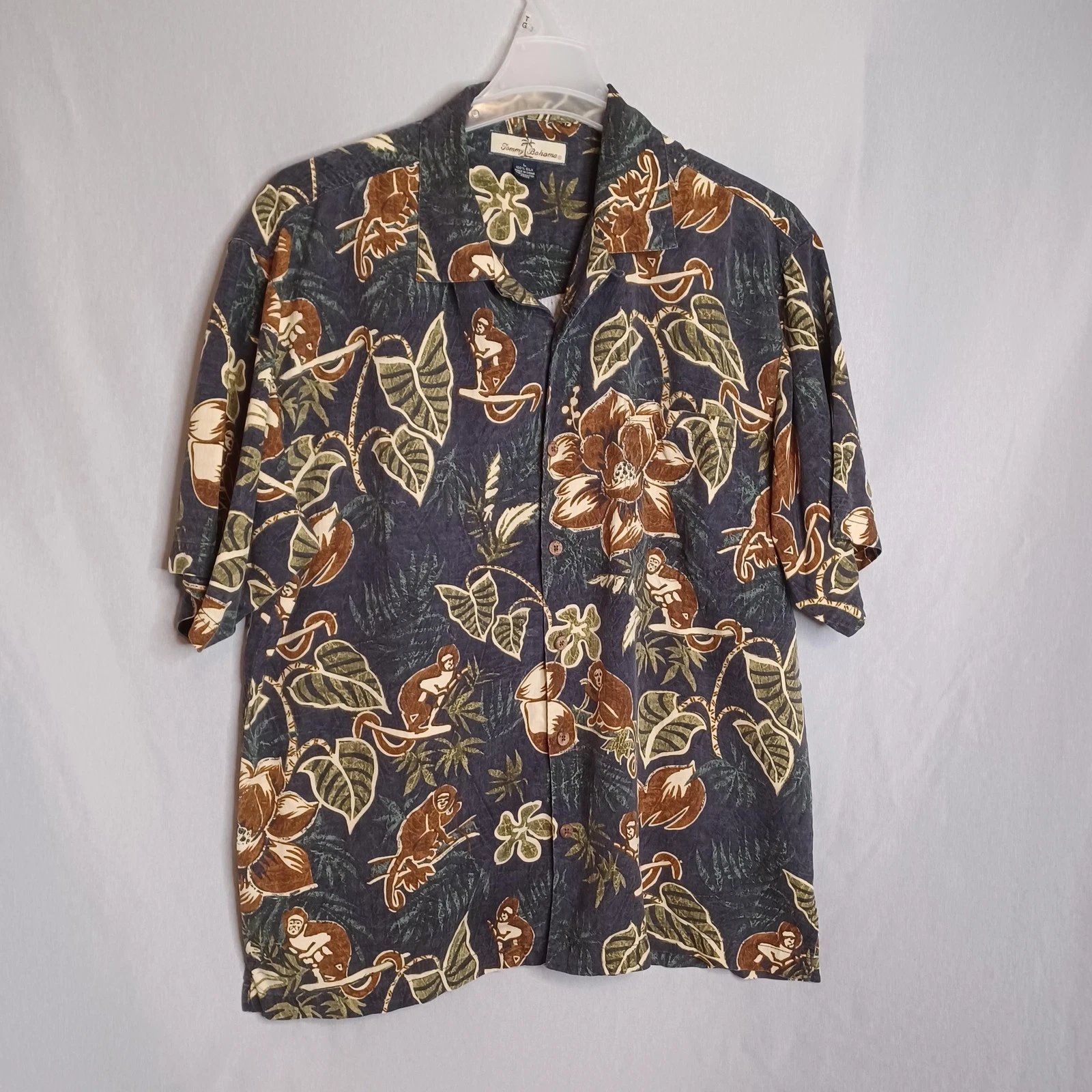 Tommy Bahama Shirt Mens Large Blue Silk Monkey Floral Hawaiian Aloha Button Up