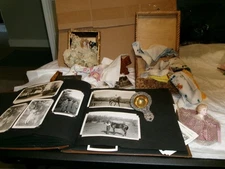 Grandma's Estate Junk Drawer Lot, Photo Album, Dolls, Sterling Tea Strainer +++