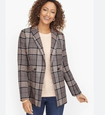 talbots womens houndstooth Double Breasted blazer Black Grey Petite 12 New