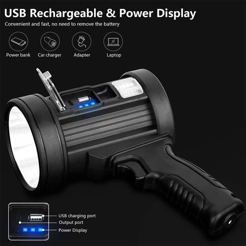 Solar LED Searchlight Rechargeable Spotlight Handheld Torch Light Lamp w Holder - Picture 2 of 19