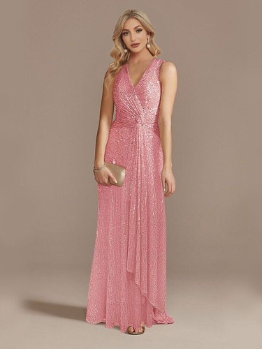 Women V-Neck Party Maxi Dress Sleeveless Sequin Evening Dress Long Prom Dress - Picture 31 of 35
