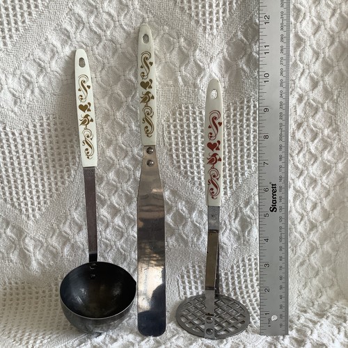 3 Vintage CI Kitchen Utensils Masher Spreader Ladle Hearts Birds White Handle