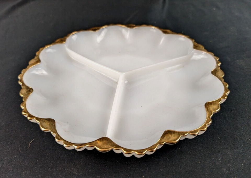 Vintage Anchor Hocking Fire King Milk Glass Divided Serving Dish Gold Trim 10” eBay