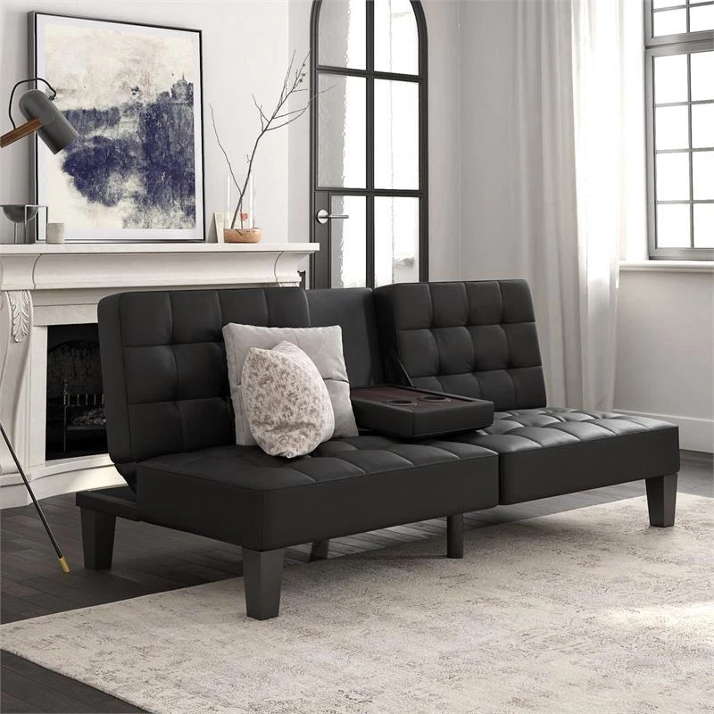 Black leather futon cheap with cup holders