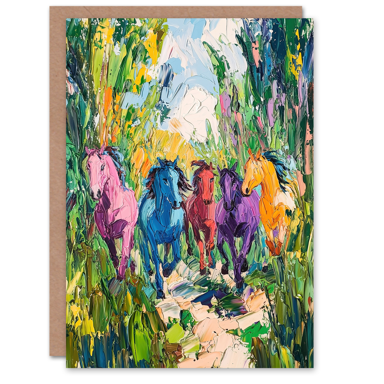 Colourful Horses Running Through Forest Abstract Birthday Greeting Card