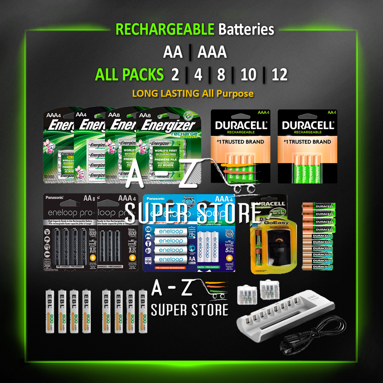AA / AAA Rechargeable Batteries 2 4 8 12 16 Count Ni-MH Charger lot NIMH Solar-image
