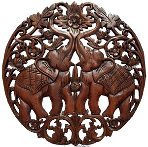 Medallion Tropical Wood Carved Lucky Elephants Home Decor Wall Medallion Tropical Wood Carved Lucky