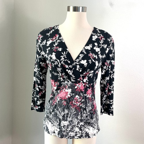 NEW Ann Taylor Womens Small Floral Stretch V Neck Top 3/4 Sleeve Shirt