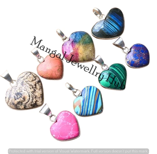 Malachite & Mix Gemstone Heart Pendants Lot 925 Sterling Silver Plated Jewellery - Image 4 of 4