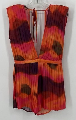 Pretty Little Thing Wave Print Pleated Plunge Playsuit Pink Size 4 NWT