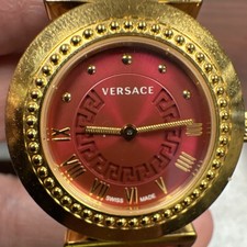 Versace Swiss Made Red Dial Gold Case Leather Strap Sapphire Crystal Wristwatch