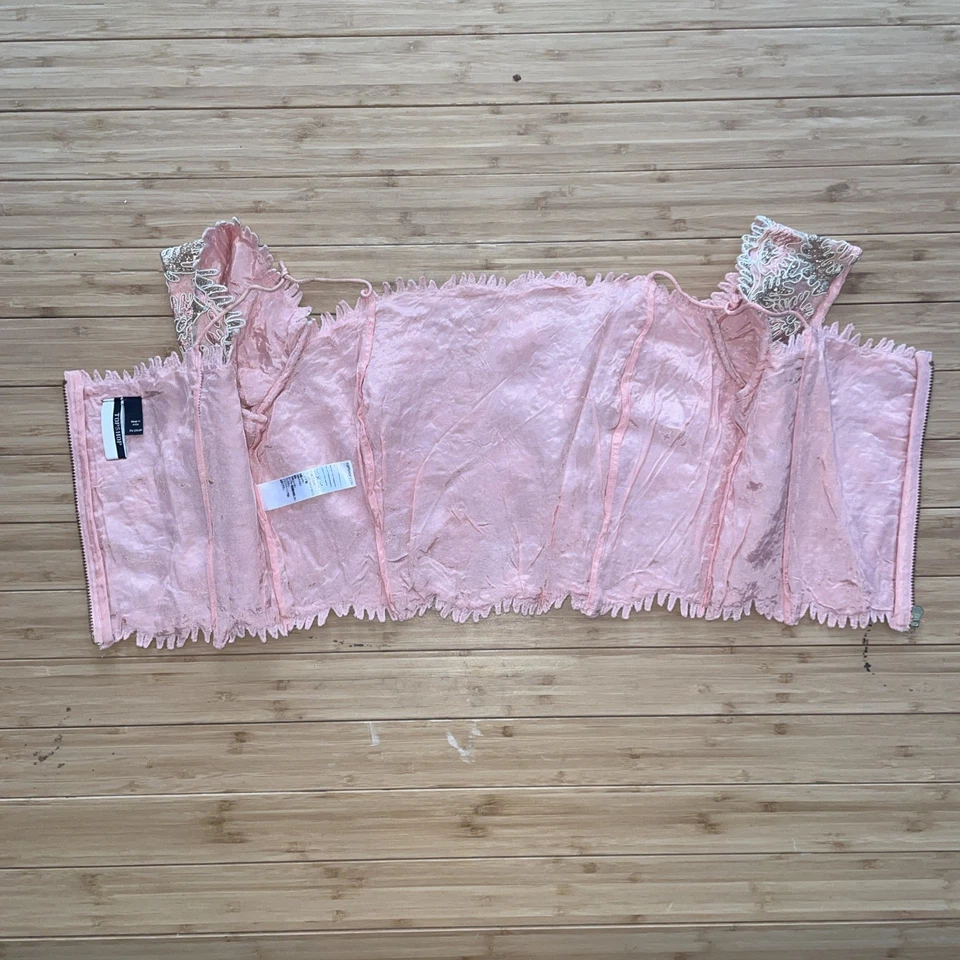 TOPSHOP Embroidery Embellished Crop Off Shoulder Golden Thread Nude Overlay Sz 4 - Image 4 of 4