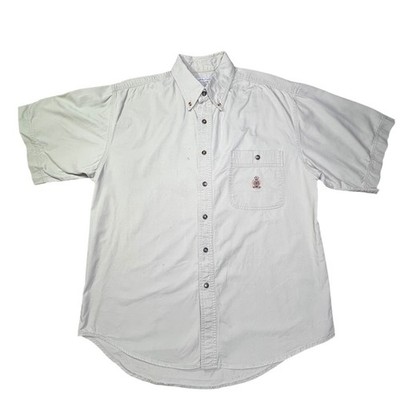 Bugle Boy Company Mens Short Sleeve Button Down Khaki Tan Embroidered  L Y2K