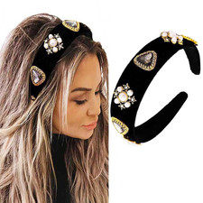 Black Velvet Wide Headbands Rhinestone Jeweled Headband Vintage Baroque Pearl Ha