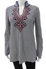 Tory Burch Women Dark Blue Striped Cotton V-Neck Tunic Long Sleeve Size XS