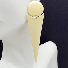 Minimalist Geometric Long Drop Dangle Metal and Cream Enamel Vtg 1980s Earrings