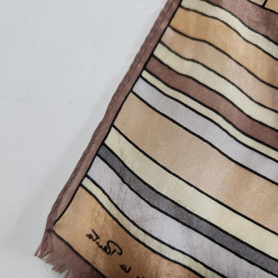 Oscar de la Renta Silk Scarf Vintage 10"x 50" Hand Rolled Edges Neutral Stripes - Image 4 of 4
