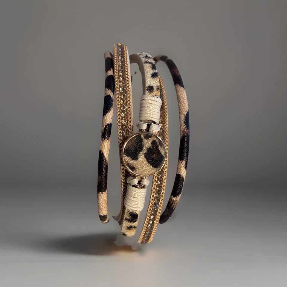 Australian Leopard Multi Strand Leather Bracelet with Magnetic Clasp In Khaki - Image 2 of 2