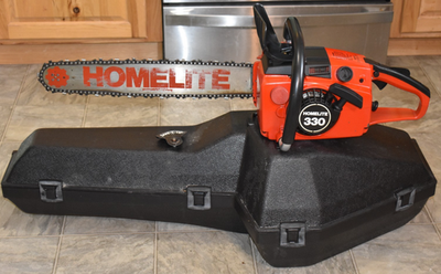 #ad VINTAGE HOMELITE 330 CHAINSAW SAFETY TIP amp; ORIGINAL CASE *RUNS WELL* *NICE* $250.00