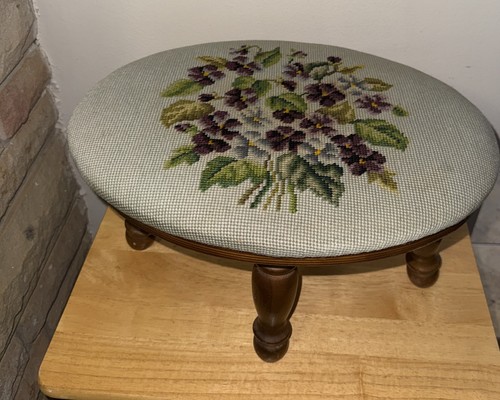 Vintage Small Victorian Style Needlepoint Floral Footstool Stool Wood 16x12x9”