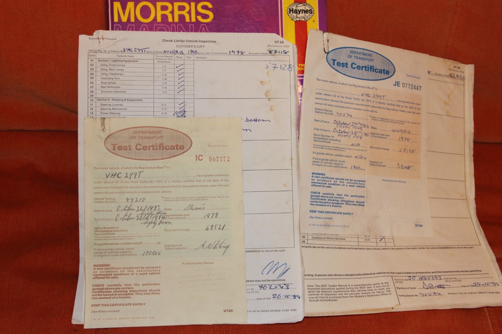 haynes car manual Morris Marina with memorabilia of 2 old MOT