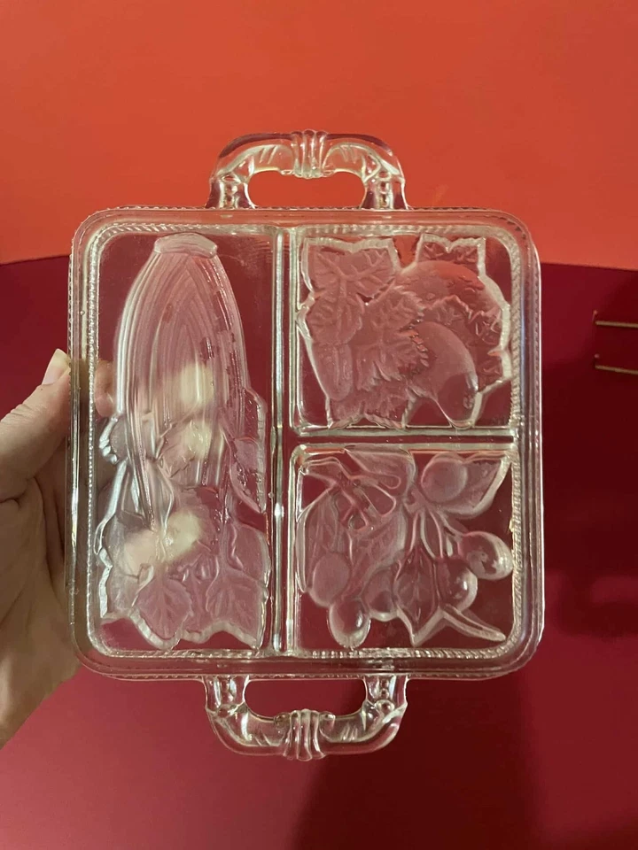 Art Deco Style Divided Dish Clear Frosted Glass Vintage with handles - Image 3 of 4