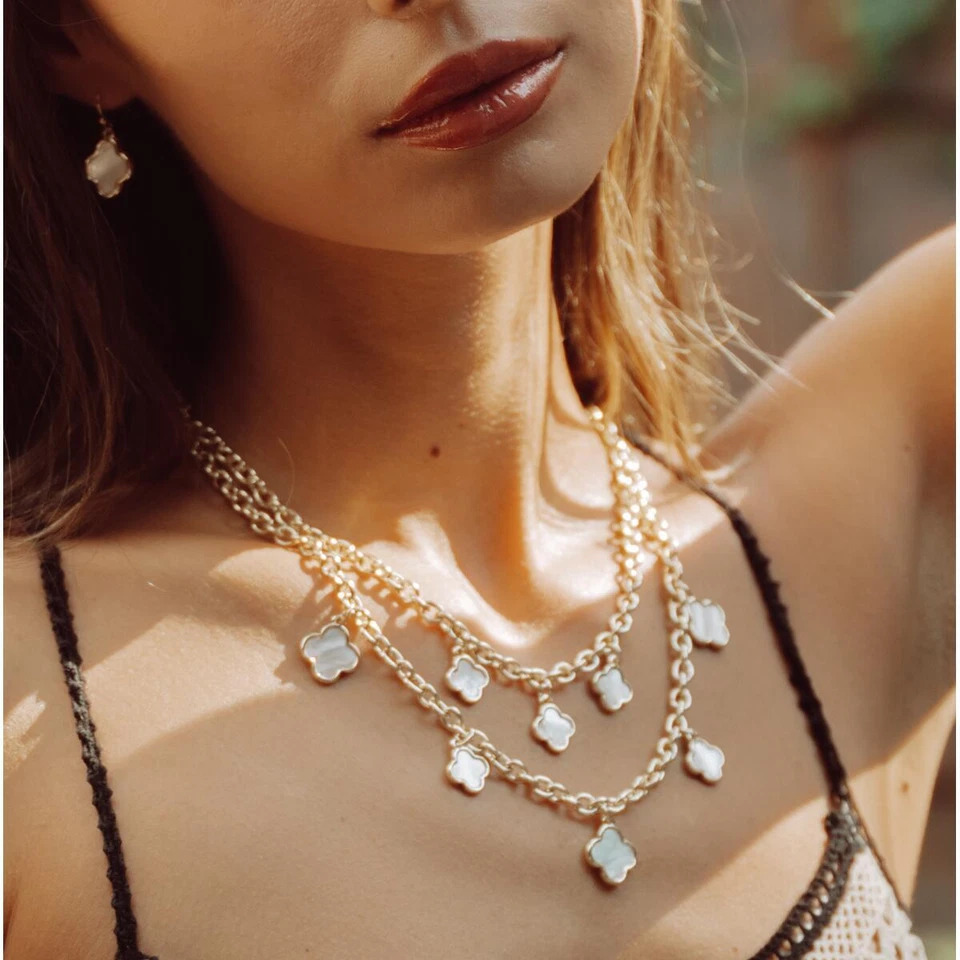 Damen Kette Gold vergoldet Perlmutt 24 Karat Blume 2er Kette WASSERFEST K6227DL - Bild 3 von 4