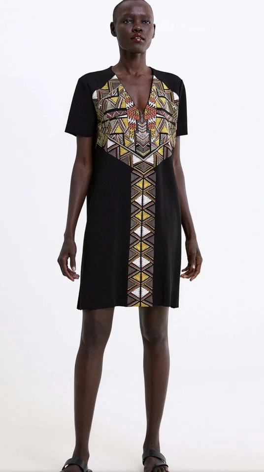 Zara Rubberized Casual Dress Tribal Print Sz M - Image 3 of 4