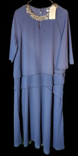 NWT Mother of the Bride Dress Navy Blue Silver Sequins Tiered Lined Midi Large
