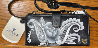 ANUSCHKA Peonies & Paisleys  Black Hand-Painted Leather Crossbody Organizer NWT