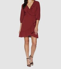 $235 Adrianna Papell Womens Red Chiffon Ruffle 3/4 Sleeve Faux Wrap Dress Size 4