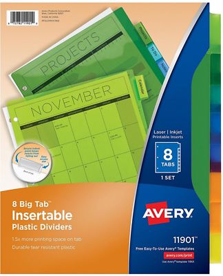 Avery Dennison Ave-11901 Big Tab Plastic Insertable Dividers - 8 Tabs