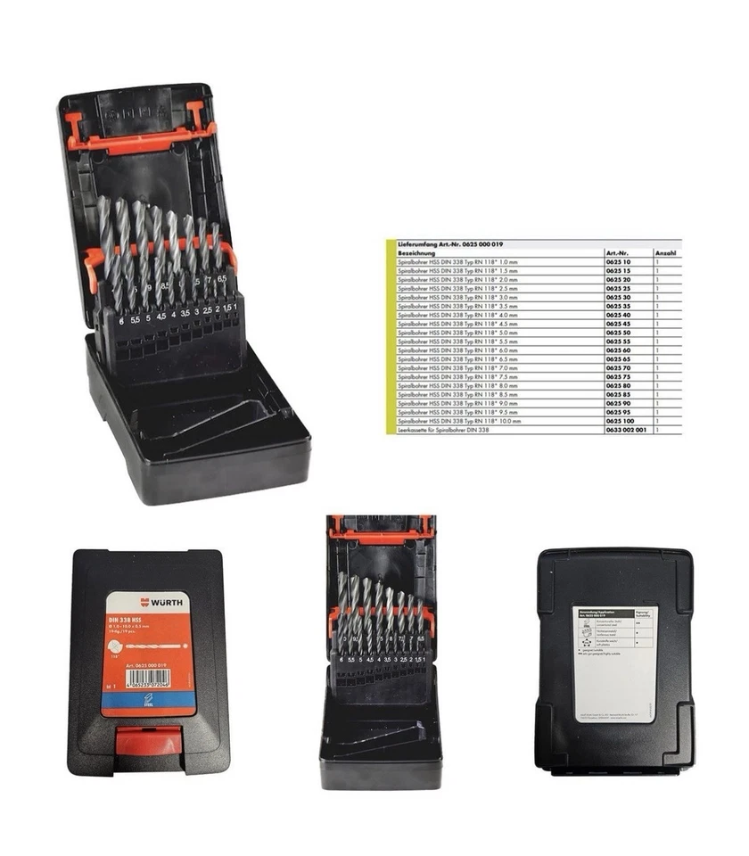 Würth Metall Bohrer Set 19tlg. 1-10 mm Abstufung in 0,5mm DIN338 HSS TYP RN 118° - Bild 3 von 4