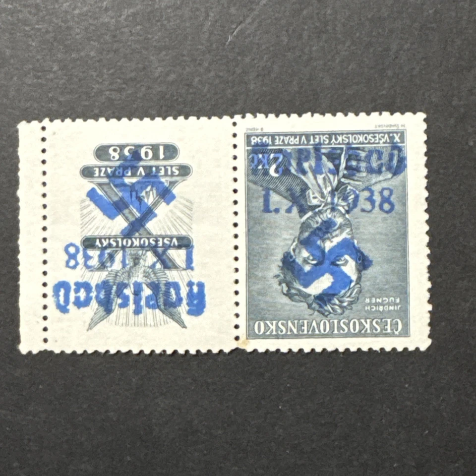 Sudetenland 1938 2 kcs raro MNH OG sobreimpreso Karlsbad sello de mano azul invertido Foto 3 de 4