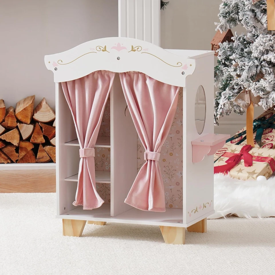 Armario de Juego de Madera Armario para Muñecas, Armario para Muñecas Muebles Armario con 5 Colgantes Foto 2 de 4