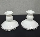 Vintage Fenton Milk Glass Ruffled Edge Silver Crest Candle Sticks Set Of 2