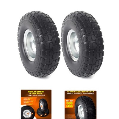 2-Pack 10-Inch Solid Rubber Flat-Free Tires with 5/8  Bearings - Durable Design