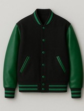 Unisex Classic Black Green Varsity Letterman Wool Genuine Leather Sleeves Jacket