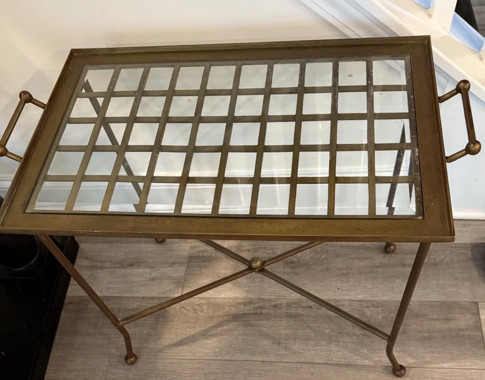 Винтажный MCM латунный стол тканый узор съемный стеклянный поднос верхний стол - Изображение 2 из 4