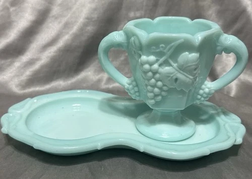 VINTAGE CREAMER & SUGAR, FOSTORIA, BLUE MILK GLASS, MISING CREAMER RARE FIND!