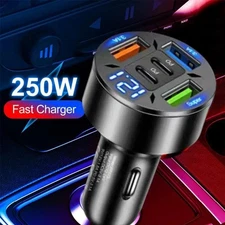 250W 5-Port Car Charger Adapter – Fast Charging USB-C PD QC3.0 Car Phone Charger