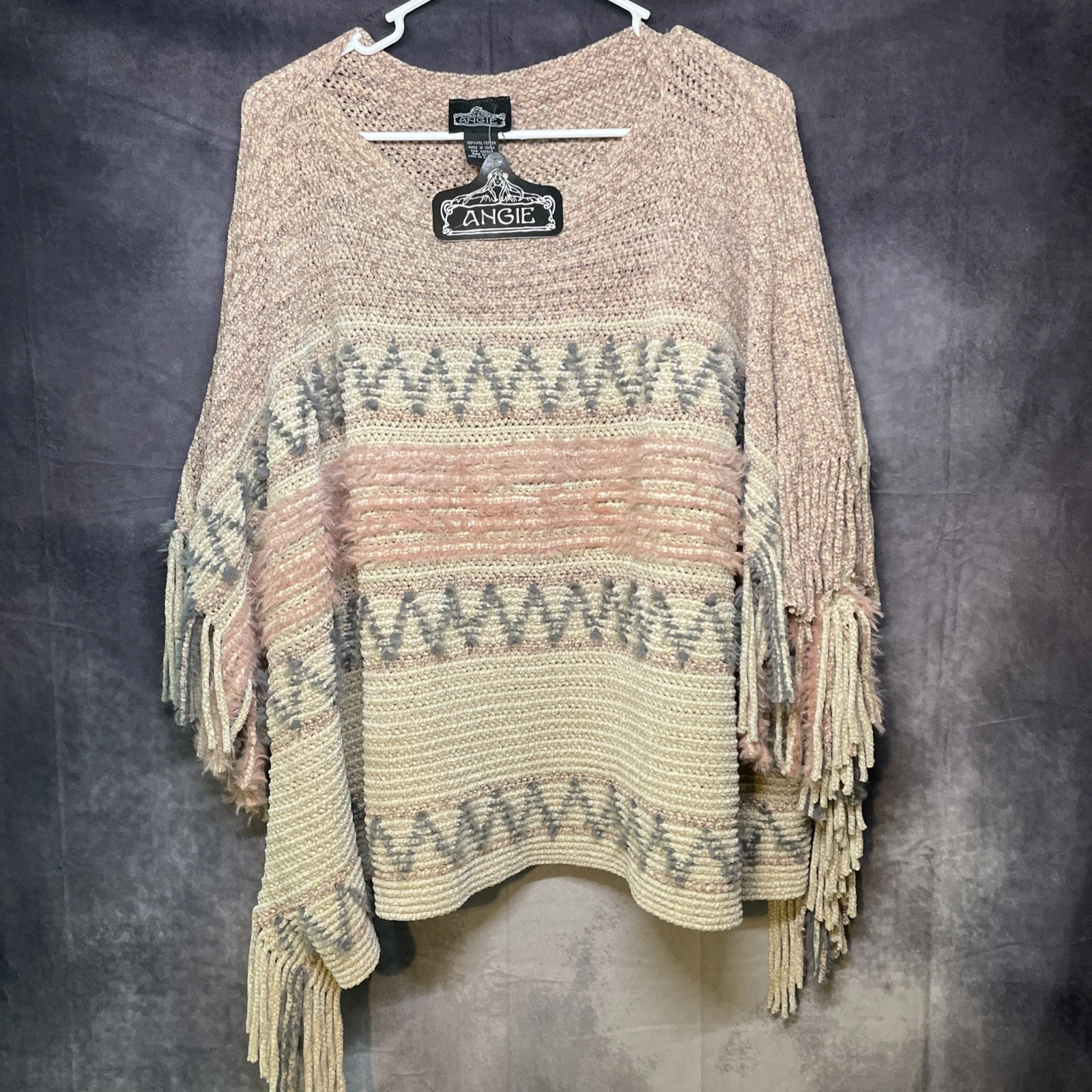Angie Poncho Knit Fringe One Size Boho Sweater Pink Cream Soft Western Aztec