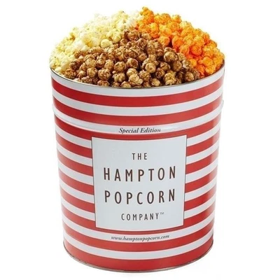 THE HAMPTON POPCORN COMPANY 3 Flavor, 3.5 Gallon Gourmet Popcorn Tin, Butter, Caramel & Orange Cheddar...